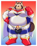 12beat13 2022 absurd_res anthro belly big_belly black_nose brown_body canid canine cape clothing gutsbacks hi_res humanoid_hands kemono male mammal moobs overweight overweight_male raccoon_dog skinsuit solo superhero tanuki tight_clothing