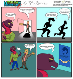 anthro bottomwear clothing cochlear_implant_processor deaf denim denim_bottomwear denim_clothing dialogue door duo female jacket jeans male pants poster shirt simple_background text topwear baristagamerproductions nm ada_(gem_hunters) alfonso_(gem_hunters) canid canine canis dingo mammal reptile scalie snake absurd_res comic english_text hi_res