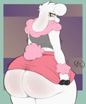 anthro big_butt bottomwear butt clothed clothing female floppy_ears fur furgonomic_bottomwear furgonomics huge_butt huge_thighs long_ears looking_back neck_tuft skirt solo thick_thighs topwear tuft white_body white_fur wrist_fluff yellow_eyes aeroartz bovid caprine mammal sheep 5:6 absurd_res hi_res