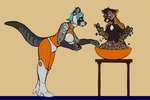 anthro blue_hair boots bowl candy clothing container dessert duo female food food_transformation footwear hair holidays male male/female markings orange_jumpsuit shoes striped_markings striped_tail stripes tail tail_markings transformation trick-or-treating fetishame doja_cat halloween cassidy_civet canid canine civet fox mammal viverrid 3:2 hi_res