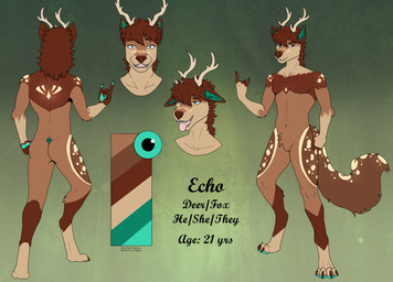 ambiguous_gender anthro antlers color_swatch echo fur fur_markings glowing glowing_markings horn markings paws solo text thefloofdragon canid canine deer fox mammal english_text headshot_portrait hi_res model_sheet portrait