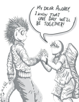 anthro blush body_pillow bottomwear clothing duo embarrassed eyewear female flat_chested hair horn male pillow shirt shorts spikes sunglasses sweater text topwear wristband damarksman microsoft the_elder_scrolls anon anonymous audrey_(herny) argonian scalie english_text hi_res monochrome