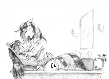 anthro anthrofied areola bath bathtub breast_squish breasts cutie_mark duo eye_contact female female/female hand_behind_back hand_behind_head horn looking_at_another nude open_mouth partially_submerged side_boob simple_background smile squish straddling water baron_engel friendship_is_magic hasbro my_little_pony mythology octavia_(mlp) vinyl_scratch_(mlp) earth_pony equid equine horse mammal mythological_creature mythological_equine pony unicorn 2017 graphite_(artwork) greyscale monochrome traditional_media_(artwork)