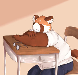 anthro bottomwear brown_body classroom clothing eyes_closed eyewear glasses kemono male overweight overweight_male pants school shirt sitting solo topwear bari_mu ailurid mammal red_panda 2022 hi_res