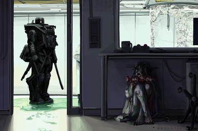 1_eye ambiguous_gender armor bone broken_glass claws crown eating female furniture glass green_hair gun hair headgear hiding liquid machine not_furry purple_body purple_skin ranged_weapon table weapon zarzaliel alien alien_humanoid humanoid robot robot_humanoid absurd_res hi_res