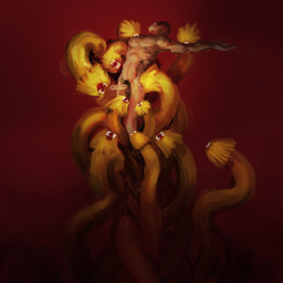 11_heads ambiguous_gender arms_out bite duo faceless_character faceless_male fangs fangs_bared feral genitals interspecies male multi_head nude penis pubes red_background simple_background teeth meandraco european_mythology greek_mythology mythology human hydra mammal 1:1 2022 absurd_res digital_media_(artwork) hi_res