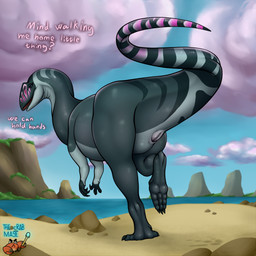 animal_genitalia beach biped bipedal_feral black_body butt claws cloaca female feral genitals grey_body looking_at_viewer looking_back looking_back_at_viewer multicolored_body outside pink_body solo striped_body stripes tail tailbutt talking_to_viewer text thick_tail toe_claws the_crab_mage dinosaur prehistoric_species reptile scalie 1:1 2026 digital_media_(artwork) english_text hi_res