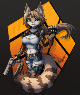 anthro arm_tuft belt blonde_hair bottomwear breasts choker clothing crop_top denim denim_bottomwear denim_clothing denim_shorts eyebrows eyelashes female fingerless_gloves fur gloves green_eyes gun hair handgun handwear holding_mask inner_ear_fluff jacket jewelry midriff navel neck_tuft necklace ponytail ranged_weapon revolver shirt shorts shoulder_tuft solo topwear tuft weapon white_body white_fur yellow_body yellow_fur falloutfoxdraws mihoyo zenless_zone_zero pulchra_fellini felid feline felis mammal thiren 2026 hi_res