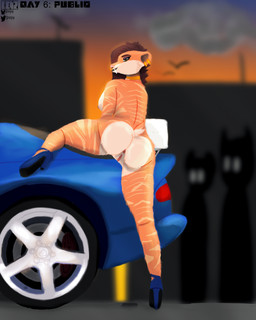 anthro bedroom_eyes butt car city city_background clothing crowd exhibitionism female footwear group high_heels narrowed_eyes presenting presenting_hindquarters public public_nudity seductive shoes solo sunset vehicle benzfur dodge_(brand) stellantis_n.v. toofer felid mammal prehistoric_species saber-toothed_tiger 4:5 absurd_res hi_res