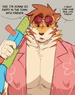 anthro big_muscles big_pecs black_eyes clothing dialogue fur huge_pecs male muscular muscular_anthro muscular_male orange_body orange_fur orange_sclera pattern_clothing pattern_shirt pattern_topwear pecs shirt simple_background solo stripes talking_to_another text topwear toy toy_gun tropical_shirt water_gun king_slabu songkran shilpa_suvanmas bengal_tiger felid mammal pantherine tiger english_text hi_res