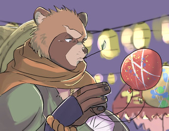 anthro balloon clothing festival hat headgear headwear holding_balloon holding_object inflatable lamp lantern male robe slightly_chubby solo lifewonders tokyo_afterschool_summoners gyobu_(tas) canid canine mammal raccoon_dog tanuki