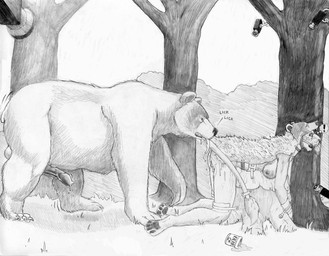 anthro bdsm being_watched bestiality bodily_fluids bondage bound breasts camera clothing costume disguise drooling duo female feral forced forest licking looking_at_another male male/female outside plant saliva tongue tongue_out tree strega bear felid lion mammal pantherine monochrome