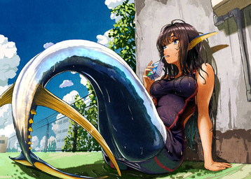 black_hair blue_eyes breasts clothed clothed_female clothing day drinking_straw female fence fin hair juice_box long_hair mermaid_tail outside sitting sky solo split_form swimwear wet 159cm aquatic humanoid_merfolk merfolk