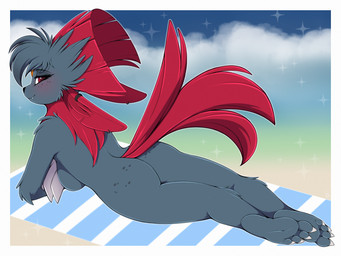 3_fingers 4_toes :3 anthro anthrofied arm_tuft athletic athletic_anthro athletic_female bangs beach_towel bedroom_eyes biped black_eyebrows black_nose blush border breasts butt cheek_tuft claws closed_smile cloud crossed_arms crossed_feet cute_fangs dark_eyelids detailed_background ear_piercing ear_ring elbow_tuft extended_legs eyebrow_through_hair eyebrows eyelashes facial_tuft fangs featureless_breasts feet feet_together female female_anthro finger_claws fingers forehead_gem freckled_butt freckled_face freckles fur gem hair half-closed_eyes happy head_tuft humanoid_feet inner_ear_fluff jewelry knee_tuft leg_tuft looking_aside looking_at_viewer looking_back looking_back_at_viewer lying medium_breasts midriff mouth_closed narrowed_eyes neck_tuft notched_ear nude on_front on_ground on_towel outside outside_border piercing plantigrade pokemorph pose public public_nudity raised_tail rear_view red_eyes red_hair red_tail relaxing ring_piercing seductive shoulder_tuft side_boob side_view sky smile smiling_at_viewer snaggle_tooth soles solo sparkles tail tail_tuft teeth thick_eyelashes toe_claws toes towel translucent translucent_hair tuft under_boob white_border white_claws conditional_dnp meggchan nintendo pokemon fan_character fang_the_weavile generation_4_pokemon mammal pokemon_(species) weavile 2025 4:3 absurd_res digital_drawing_(artwork) digital_media_(artwork) hi_res pinup signature