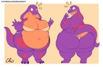 4_fingers anthro back_rolls belly belly_rolls big_belly big_breasts big_butt blush breasts butt emanata fangs fat_rolls female fingers looking_back navel obese obese_anthro obese_female overweight overweight_anthro overweight_female purple_body red_body red_spots simple_background snake_hood solo spots tail teeth text yellow_eyes nekocrispy keeshee cobra reptile scalie snake 2021 signature url