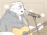 2024 4:3 anthro blush bodily_fluids canid canine canis clothing domestic_dog electronics guitar hi_res inunoshippo kemono male mammal microphone musical_instrument overweight overweight_male plucked_string_instrument shirt simple_background solo string_instrument sweat topwear