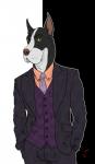 black_body black_clothing black_fur black_suit black_suit_jacket bottomwear brown_nose business_suit clothed clothing dress_shirt formal front_view fully_clothed fur hand_in_pocket looking_at_viewer male necktie orange_dress_shirt pants pockets purple_necktie shirt simple_background solo suit suit_jacket topwear vest white_body white_fur yellow_eyes jambalayathepit canid canine canis domestic_dog great_dane mammal mastiff molosser digital_media_(artwork) half-length_portrait hi_res portrait signature