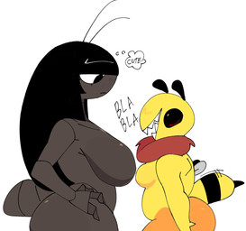 antennae_(anatomy) anthro arthropod_abdomen big_breasts black_hair black_sclera breast_size_difference breasts duo featureless_breasts female female/female fingers grey_body hair hand_on_hip mouth_closed neck_tuft open_mouth open_smile sharp_teeth side_view simple_background size_difference small_breasts smile stinger teeth text thought_bubble tuft white_background white_sclera yellow_body xarop77 beia_(hanaarts) arthropod bee blattodean cockroach hymenopteran insect 2025 digital_drawing_(artwork) digital_media_(artwork) hi_res