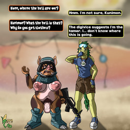 anthro armor balls breasts clothing cybernetic_leg cybernetic_limb cybernetics dialogue digivice eyewear eyewear_on_head flaccid genitals goggles goggles_on_head gun gynomorph headgear helmet intersex lakeside machine machine_gun nipples penis power_lines pubes ranged_weapon road_sign shortstack shortstack_gynomorph shortstack_intersex text utility_pole vein veiny_penis wattles weapon wings korncob bandai_namco digimon mythology korn_cob kuni_porcula cyborg equid equine mammal mythological_creature mythological_equine pegasus suid suine 1:1 2026 digital_media_(artwork) english_text hi_res