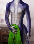 abs after_shower anthro bathroom black_claws blue_body blue_fur blue_markings canid canine canis claws detailed_background fur green_towel inside male mammal markings medaya navel nude patrick_(wolfang322) shower solo standing towel watermark wet white_body white_fur wolf