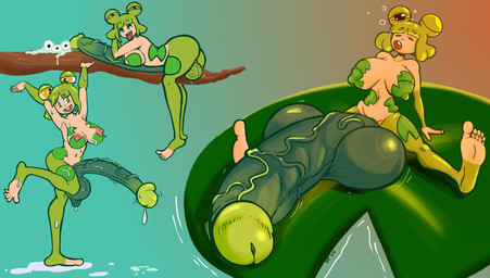 4_eyes balls big_balls big_feet big_penis bodily_fluids branch breasts cum cum_drip dripping ejaculation feet frogspawn genital_fluids genitals gynomorph huge_balls huge_penis hyper hyper_balls hyper_genitalia hyper_penis intersex lily_pad lying multi_eye narrowed_eyes nipples nude on_front on_one_leg penis plant pondy solo squint standing waking_up decentperversion mythology amphibian amphibian_humanoid animal_humanoid frog frog_humanoid humanoid mythological_creature hi_res