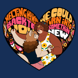 anthro arm_tuft black_nose blue_body blue_clothing blue_fur blue_shirt blue_topwear blush bottomwear bracelet brown_body brown_fur brown_hair clothed clothing countershade_snout countershading dancing dipstick_ears dress duo ear_markings ear_piercing ear_ring ear_tuft elbow_tuft eyebrows eyes_closed female floral_pattern freckles fur hair hand_holding highlights_(coloring) horn jewelry multicolored_ears orange_hair orange_highlights pants piercing pink_bottomwear pink_clothing pink_pants pointy_ears prick_ears psychedelic ring_piercing shirt snout tail tail_tuft tan_body tan_fur text topwear torn_sleeves tuft cathodegaytube black_moth_super_rainbow fiffle solari_(bearnaise) bear canid canine canis domestic_dog mammal nordic_sled_dog samoyed spitz 1:1 2025 alpha_channel english_text hi_res trans_(lore) trans_woman_(lore)