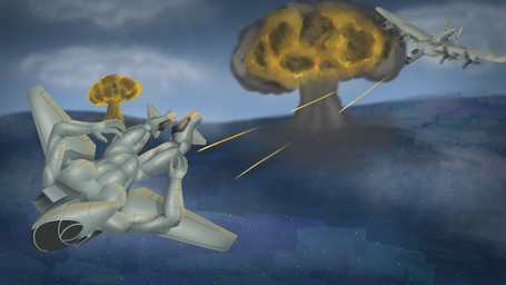 aircraft airplane ambiguous_gender breasts cloud duo explosion eyeless f-14_tomcat female flying grey_body jet machine mushroom_cloud outside propeller shooting tail turbine vehicle wings affront avro_lancaster aircraft_humanoid humanoid living_aircraft living_machine living_vehicle 16:9 hi_res widescreen