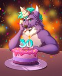 anthro birthday birthday_cake birthday_candle black_nose blue_eyes blue_hair cake clothing confetti dessert food fur furniture grumpy hair hat head_on_hand headgear headwear male party_hat purple_body purple_fur sitting solo table white_body white_fur balco mox_(antillion123) canid canine fox mammal 2024 digital_media_(artwork) hi_res