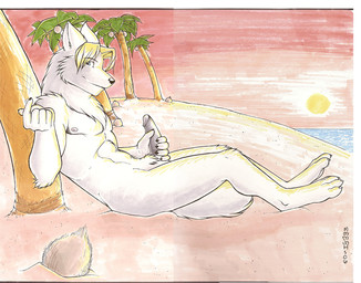anthro beach beckoning biped black_nose black_penis blonde_hair blue_eyes chest_tuft claws coconut detailed_background drupe_(fruit) erection eyebrows feet fluffy fluffy_tail food fruit fur genitals gesture glans hair hand_on_penis humanoid_genitalia humanoid_hands humanoid_penis looking_at_viewer male masturbation neck_tuft nipples nude nude_beach outside palm_tree paws pecs penile penile_masturbation penis pink_nipples plant presenting sand seaside short_hair sitting sky smile solo sun sunset tail tree tuft water white_body white_fur meesh canid canine canis mammal wolf 2006 digital_media_(artwork) marker_(artwork) signature traditional_media_(artwork)