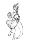 2017 anthro big_hands digital_drawing_(artwork) digital_media_(artwork) dragon female flat_chested greyscale hand_on_hip horn monochrome mythological_creature mythological_scalie mythology navel nude on_one_leg scalie simple_background solo standing tail thick_thighs watsup white_background wide_hips