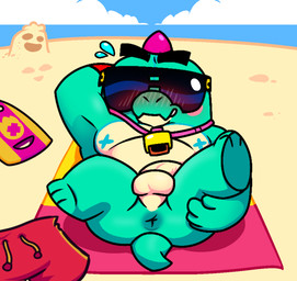 anthro balls beach beach_towel blush blush_lines bodily_fluids clothing genitals inflatable inviting lifeguard male nude overweight overweight_anthro overweight_male pool_float seaside slightly_chubby slightly_chubby_male solo sweat sweatdrop swimming_trunks swimwear towel whistle_(object) yukkibutlewd brawl_stars supercell_(company) buzz_(brawl_stars) dinosaur prehistoric_species reptile scalie