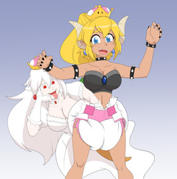 blonde_hair blue_eyes blush blush_lines bracelet clothing collar crop_top crown diaper dress duo ear_piercing ear_ring embarrassed fangs female floating frilly frilly_collar gloves hair hand_in_diaper handwear headgear horn jewelry legless long_dress pale_skin piercing pointy_ears red_eyes ring_piercing shirt spiked_bracelet spiked_neckwear spikes super_crown tail teeth tongue topwear white_hair rinonno bowsette_meme mario_bros nintendo boosette bowser boo_(mario) ghost koopa scalie spirit absurd_res hi_res meme