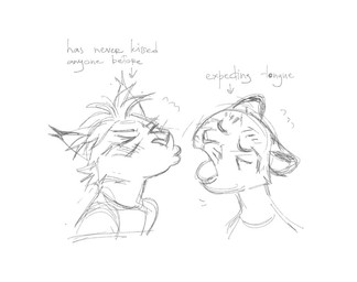 ambiguous_anthro ambiguous_gender anthro clothed clothing duo ear_tuft eyes_closed imminent_kiss open_mouth simple_background text tongue tuft astarcis felid mammal english_text meme monochrome sketch