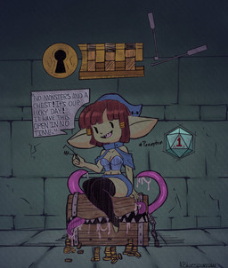 coin dice_roll dungeon duo female imminent_sex male male/female speech_bubble text treasure_chest bluesparrow lock_pick goblin humanoid mimic mimic_chest english_text hi_res signature