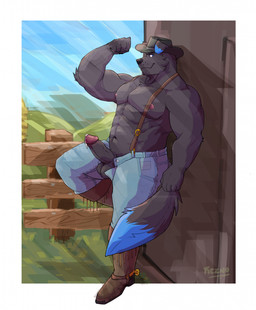 abs anthro aroused aroused_male balls barazoku bedroom_eyes biceps big_muscles big_pecs black_body black_clothing black_fur black_hat black_headwear black_nose blue_body blue_bottomwear blue_clothing blue_eyes blue_fur blue_jeans blue_pants blue_sky bodily_fluids boots border bottomwear brown_boots brown_clothing brown_footwear clothed clothing cocky cocky_grin cowboy cowboy_boots cowboy_hat cowboy_outfit denim denim_bottomwear denim_clothing dripping erection farm farm_hand farmer fence flexing flexing_bicep flexing_muscles flirting flirting_look flirting_with_viewer footwear forest fur genital_fluids genitals grass grin grinning_at_viewer hat headgear headwear jeans leaking_precum leaning leaning_backward leaning_on_wall looking_at_viewer male manly multicolored_body multicolored_fur muscular muscular_anthro muscular_arms muscular_male muscular_thighs narrowed_eyes nature nature_background nipples open_bottomwear open_clothing open_pants outside pants pecs penis penis_poking_out plant pose precum precum_drip precum_on_own_penis precum_on_penis presenting presenting_balls presenting_penis ranch ranch_hand rancher seducing_viewer seductive shoes showing_off_muscles sky smile smiling_at_viewer smirk smirking_at_viewer solo spurs standing suspenders tail thick_arms thick_thighs topless topless_anthro topless_male tree two_tone_body two_tone_fur unbuttoned unbuttoned_bottomwear unbuttoned_pants white_border reznozada canid canine canis domestic_dog mammal hi_res