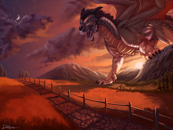 claws cloud detailed_background feral forest green_eyes hair horn landscape landscape_dwarfing macro membrane_(anatomy) membranous_wings moon mountain outside plant sky solo star sun sunset teeth tongue tree wings conditional_dnp danza mythology dragon mythological_creature mythological_scalie reptile scalie 2016 4:3
