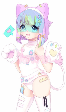 bandage clothing electronics fangs female hair headgear headphones headset highlights_(coloring) looking_at_viewer solo tail teeth visor yumemin animal_humanoid cat_humanoid felid felid_humanoid feline feline_humanoid humanoid mammal mammal_humanoid hi_res