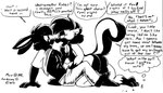 anthro black_body black_fur bottomwear clothing duo eyewear female fur genitals glasses male male/female multicolored_body nude pants pussy shirt text topwear eric_schwartz anibras anirbas max_blackrabbit_(character) lagomorph leporid mammal mephitid rabbit skunk english_text monochrome