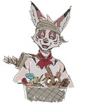 anthro arrows bandanna basket bow_(weapon) container eyes_closed holding_basket holding_container holding_object kerchief male neckerchief plant plushie quiver_(object) ranged_weapon smile solo teddy_bear weapon loboguara_na anothereidos_of_dragon_vein_r amorey canid canine canis jackal japanese_kobold kobold mammal