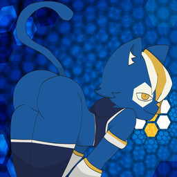 anthro armor ass_up blue_body blue_fur butt clothing crop_top fur gauntlets gloves handwear legwear male mascot raised_tail shirt solo tail topwear yellow_eyes raganlier e621 hexerade domestic_cat felid feline felis mammal 1:1 hi_res