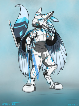 antenna_wire anthro armor armor_plates armored_body armored_boots big_tail blue_body blue_eyes blue_feathers blue_glow blue_markings feather_markings feathered_wings feathers glowing glowing_eyes grey_body grey_feathers headgear helmet iridescent_feathers male markings melee_weapon scuted_hands scutes simple_background solo spacesuit sword tail tail_markings weapon white_armor white_body white_feathers wings toddavali braid_(k'braid) avali absurd_res hi_res