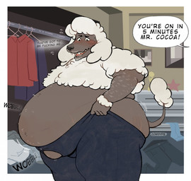 anthro arm_tuft belly belly_jiggle belly_overhang big_belly blush bodily_fluids butt clothed clothing continental_clip dialogue dressing embarrassed fluffy flustered flying_sweatdrops fur green_room grey_body grey_skin huge_belly inside jiggling looking_at_self looking_down looking_down_at_self male modified_continental_clip motion_lines nervous nervous_smile obese obese_anthro obese_male offscreen_character open_mouth overweight overweight_anthro overweight_male solo speech_bubble standing stretch_marks struggling_to_fit sweat sweatdrop tail tail_tuft teeth text thick_thighs tight_clothing tongue topless tuft white_body white_fur wrist_tuft cowdypie canid canine canis domestic_dog mammal poodle artist_name english_text hi_res