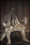 abs anthro athletic ball_tuft balls black_body black_fur black_necktie black_nose cigarette claws clothed clothing countershade_ears countershading dark_room detailed_background dress_shirt erection facial_markings foreskin fur furniture genitals glans grey_body grey_fur hand_on_hip head_markings holding_cigarette holding_object humanoid_genitalia humanoid_penis inside looking_at_viewer male manspreading markings mask_(marking) multicolored_body multicolored_fur necktie open_clothing open_mouth open_shirt open_topwear partially_clothed partially_retracted_foreskin penis pink_glans plantigrade presenting presenting_penis shirt sitting slicked_back_hair smoke solo stool topwear tuft white_balls white_body white_claws white_clothing white_dress_shirt white_fur white_hairband white_penis white_shirt white_topwear yellow_eyes horrorbuns echo_(series) echo_project the_smoke_room jim_sterling_(the_smoke_room) canid canine fox mammal 2022 artist_name colored