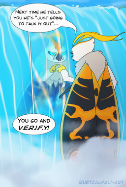 angry antennae_(anatomy) blue_eyes dialogue female feral fur gesture hand_gesture pointing pointing_at_self reflection solo speech_bubble talking_to_self text waterfall wings quetzalpali monsterverse mothra_(series) toho mothra arthropod insect kaiju lepidopteran monster moth absurd_res digital_media_(artwork) english_text hi_res