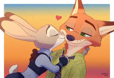 anthro clothing collared_shirt duo eyes_closed female heart_symbol kissing_cheek male male/female necktie police police_officer police_uniform scut_tail shirt short_tail smile tail topwear uniform uwuwateru disney zootopia judy_hopps nick_wilde canid canine european_rabbit fox lagomorph leporid mammal oryctolagus rabbit red_fox true_fox 2026 hi_res signature