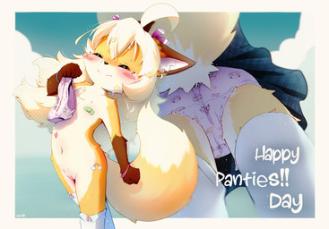 anthro band-aid bandage biped blonde_hair blush bottomwear bow_panties bow_underwear childish_panties childish_underwear clothed clothing countershade_face countershade_torso countershading crotch_seam dipstick_tail eyes_closed female fingers front-print_panties genitals hair inner_ear_fluff kemono loli markings navel panties pattern_bottomwear pattern_clothing pattern_panties pattern_underwear pink_clothing pink_panties pink_underwear print_clothing print_panties print_underwear solo tail tail_markings text text_on_clothing text_on_panties text_on_underwear tuft underwear upskirt vulva young young_anthro young_female aas panties_day miu_(aas) canid canine fox mammal 2024 absurd_res english_text hi_res