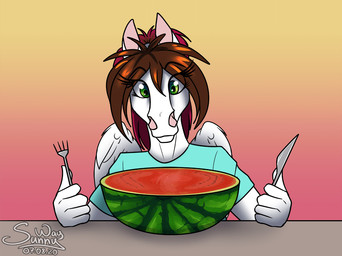 animated_gif anthro clothed clothing eating feathers female fingers food fruit humor love melon nom plant solo watermelon wings sunny_way mythology equid equine mammal mythological_creature mythological_equine pegasus 2020 animated digital_drawing_(artwork) digital_media_(artwork) short_playtime