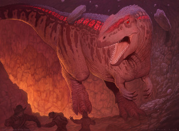 3_fingers 4_toes ambiguous_gender armor cave claws extreme_size_difference feet feral feral_focus fingers group headgear helmet looking_down male red_body red_eyes red_scales rock running scales size_difference tail teeth text toes john_tedrick hasbro magic:_the_gathering wizards_of_the_coast dinosaur human mammal prehistoric_species reptile saurischian scalie theropod 2022 absurd_res english_text hi_res official_art