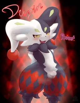 anthro arched_back bodily_fluids bulge checkered checkered_background cheek_tuft degradation facial_tuft genitals grey_body hands_behind_back heart_symbol magician male narrowed_eyes neon open_mouth pattern_background penis presenting presenting_balls presenting_penis simple_background smile smirk solo spotlight standing steam sweat teeth text thick_thighs thighs_spread tuft white_body wide_hips ebbandfloatzel palworld pocketpair dupin_(pal) mammal pal_(species) absurd_res english_text hi_res