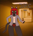 alcohol alcohol_bottle annoyed anthro beverage clothing female front_view hair jacket jewelry necklace panties red_clothing red_hair red_panties red_underwear solo standing topwear underwear crischar_foxito backrooms roxy_(crischar_foxito) domestic_cat felid feline felis mammal hi_res